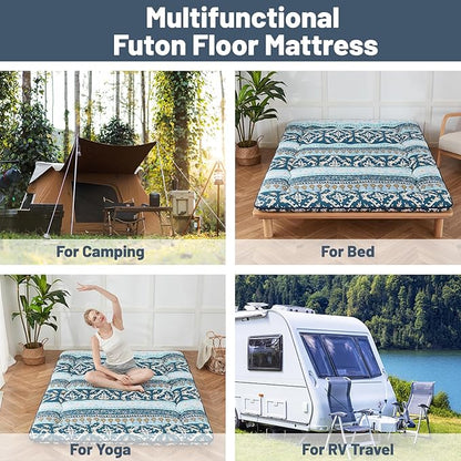 Japanese Floor Mattress, Futon Mattress with Storage Bag and Washable Cover, Roll Up Tatami Mat Suitable for Guest Room (Blue Striped Jacquard, Queen)