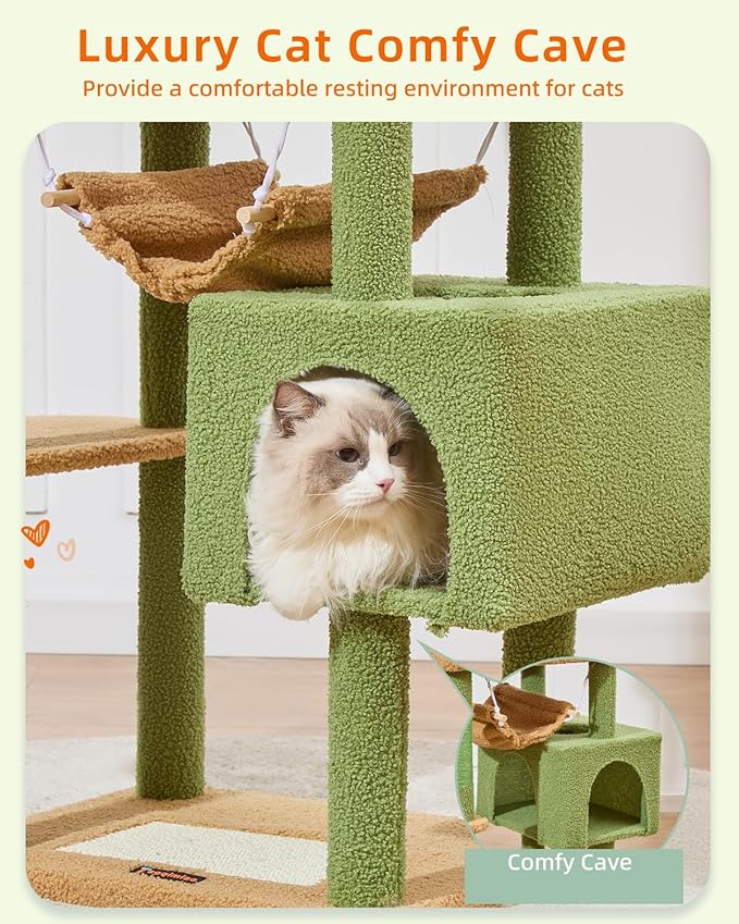 Taoqimiao Cat Tree, 68-Inch Cat Tree Cat Tower for Indoor Cats, Plush Multi-Level Cat Condo with 6 Scratching Posts, 2 Perches, 2 Caves,Hammock, 3 Pompoms,MS020ST Cactus-Mewly Pet
