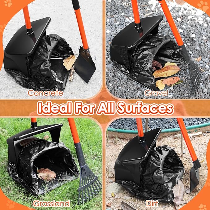 Lukovee Dog Pooper Scooper, 37.4" Long Adjustable Metal Handle Swivel Bin & Rake & Spade Kit with 20 Poop Bags, Portable Dog Non-Breakable Poop Scooper for Gravel Yard Lawn Grass, Orange-Mewly Pet