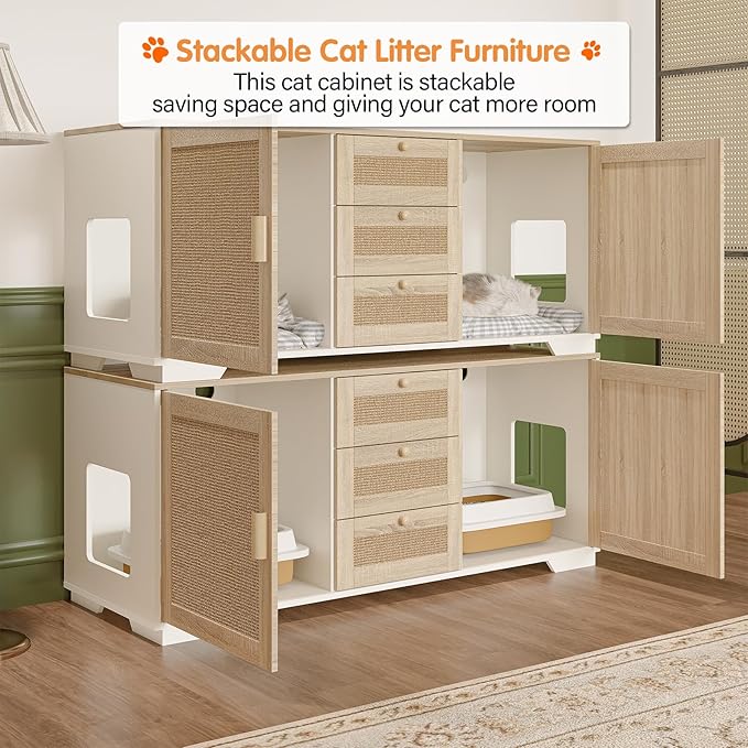 Cat Litter Box Enclosure Furniture Hidden Indoor 2-in-1 Wooden Cat & Washroom Cabinet with Scratching Board Doors and 3 Drawer for 2 Cats, 55"x20"x24"H-Mewly Pet