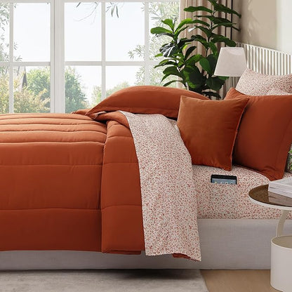 Monbix Queen Comforter Set - 7 Pieces Burnt Orange Bed in a Bag Queen Track Stitching Bedding Sets, All Seasons Down Alternative Comforter Bed Set with Sheets,Pillowcases & Shams