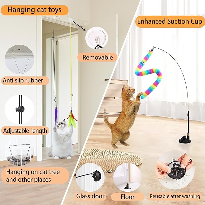 Soarer 4-in-1 Interactive Cat Feather Toys,12Pcs Durable Fishing Pole Cats Feathers Toy Replacements,Enhanced Suction Cup Cats Wand Toy,2 Types Door Hanging Cat String Toys for Indoor Kitten-Mewly Pet