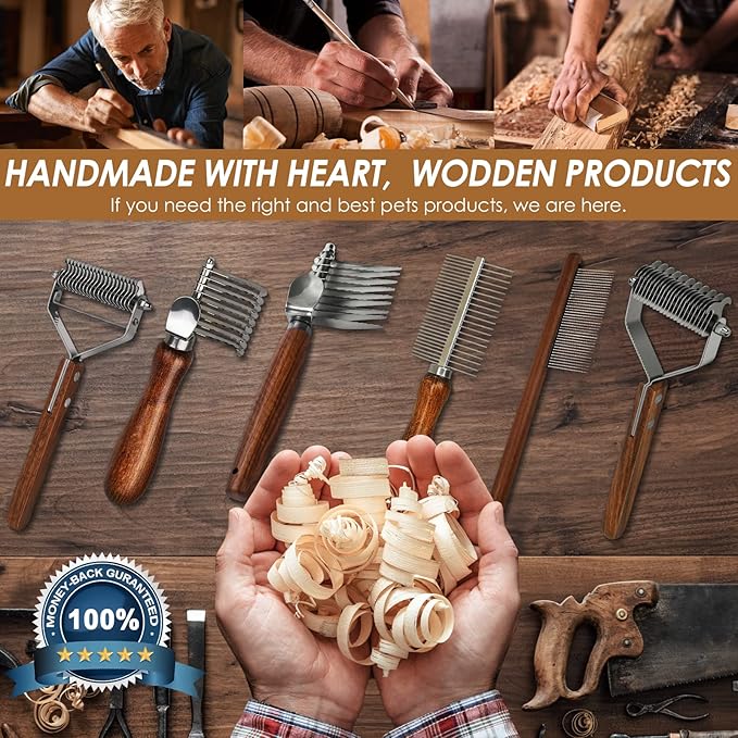 Dog Dematting Comb with Wooden Handle & Detangling Brush - Stainless Steel Undercoat Rake for Long & Thick Haired Dogs & Cats, Professional Grooming Tool for Deshedding and Matted Fur Removal-Mewly Pet