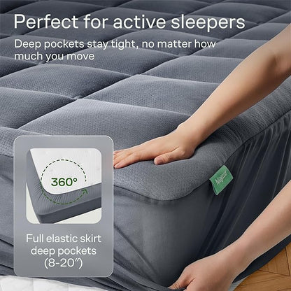 Ultra Soft Queen Size Mattress Topper - Viscose Made from Bamboo Pillow Top Mattress Pad for Back Pain Relief - Naturally Cooling for Hot Sleepers, Gray