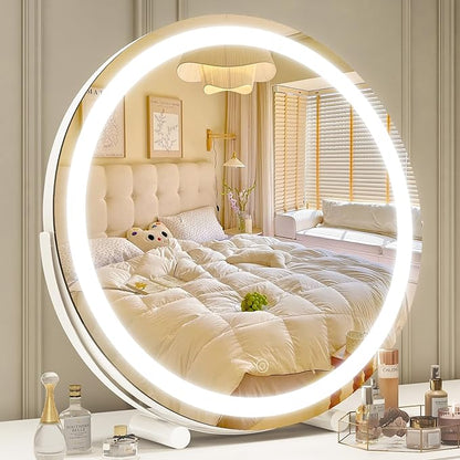 Vanity Makeup Mirror with Lights, 18 Inch LED Makeup Mirror, Lighted Vanity Mirror with Lights, Smart Touch Control 3 Colors Dimmable Round Mirror, Tabletop ＆ Desk Mirror, 360°Rotation (White)