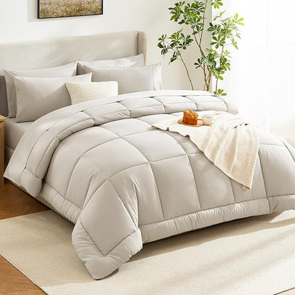 CozyLux Twin XL Comforter Set Beige, 5 Pieces Twin Extra Long Bed in a Bag for College Dorm, All Season Bedding Set with Stitch Quilted Comforter, Flat Sheet, Fitted Sheet, Pillowcases
