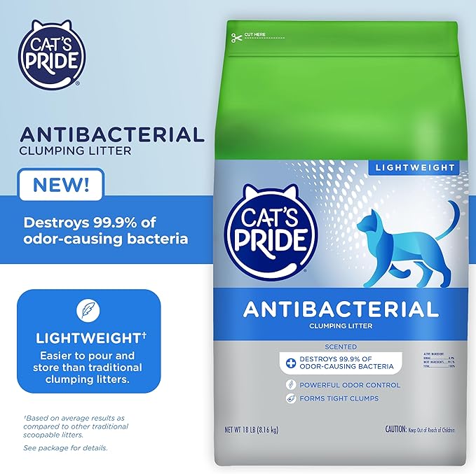 Cat's Pride New Antibacterial Cat Litter: Destroys 99.9% of Odor-Causing Bacteria - Powerful Odor Control - Premium Lightweight Clumping Litter - Scented, 18 Pounds-Mewly Pet