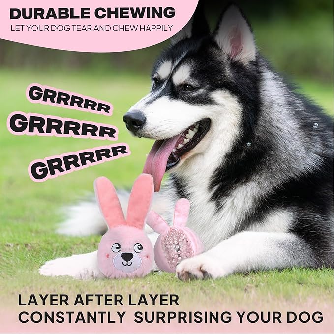 Fida Squeaky Dog Toys for Aggressive Chewers 3 in 1, Dog Chew Toys with 3 Layers,Interactive Dog Toys for Large Dogs Balls to Keep Them Busy for Small Medium Dogs(Pink Bunny)-Mewly Pet