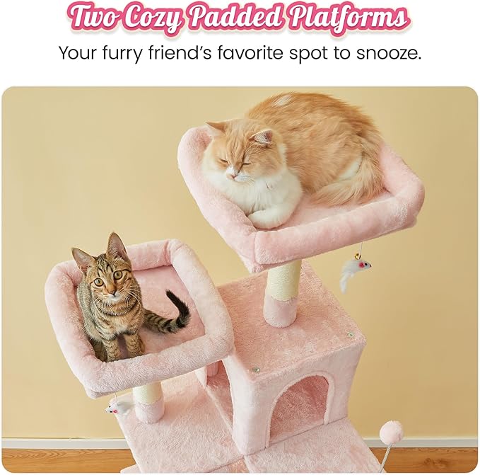 MWPO 70.1-Inch Pink Large Cat Tree, Multi-Level Tall Cat Tower for Indoor Cats, Plush Cat Condo with Big Padded Perches, Sisal-Covered Scratching Posts, Hammock, Toys for Kittens & Cats-Mewly Pet