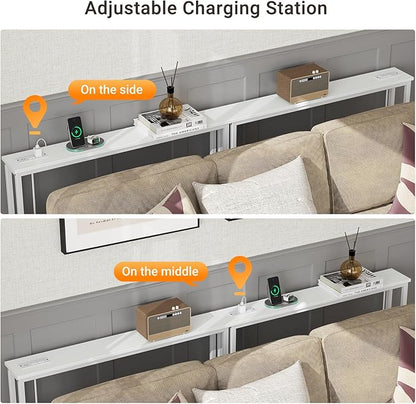 ELYKEN 5.9" Narrow Console Sofa Table with Power Outlets, 5.9" Dx39.4 Wx31.1 H Long Couch Table with Metal Frame and Charge Station with 6.5’ Extension Cord, White