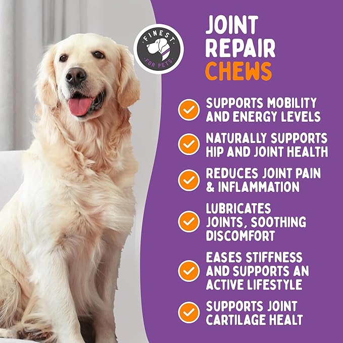 Joint Repair Hip and Joint Chews for Dogs - Finest for Pets Glucosamine, Chondroitin, MSM, Omega 3 & Turmeric for Dog Joint Support, Mobility & Pain Relief - (120 Chicken Flavored Chews, Made in USA)-Mewly Pet