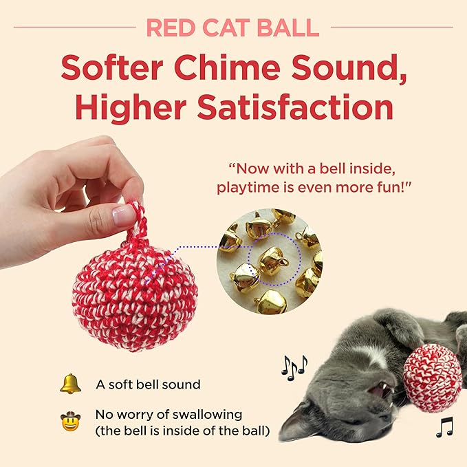JAYU PET Red Cat Ball [W/Bell Version] - Handmade Silvervine Cat Toy with Catnip, Interactive Matatabi Ball for Indoor Cats & Kittens, Feline Play Toy & Gift (2.7 inch)-Mewly Pet