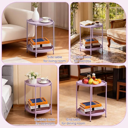 HollyHOME 2-Tier Round Side Table, Outdoor Small Folding Accent Stand with Removable Tray, Anti-Rust Metal Asional Table for Balcony Patio Living Room, Nightstand for Bedroom(Purple)