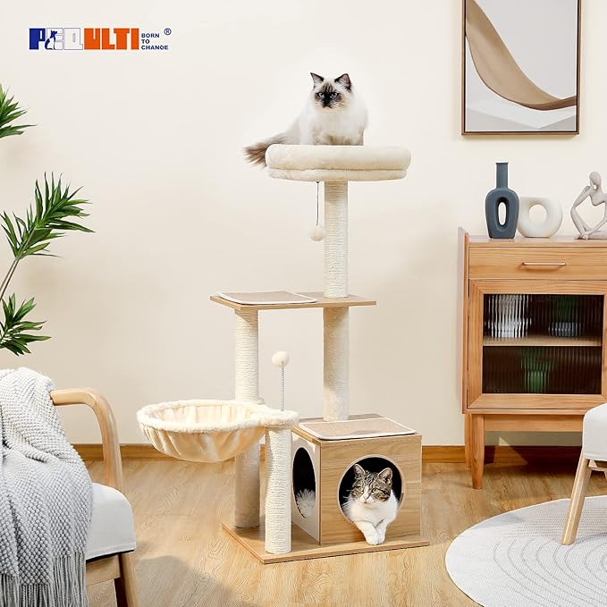 PEQULTI Cat Tree Modern Cat Tower for Indoor Cats,Multilevel Cat Play House with Large Condo, Spacious Hammock, Cozy Top Perch,Scratching Post and Dangling Balls-Mewly Pet