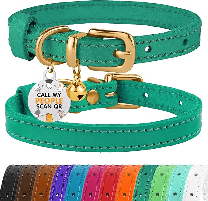 BRONZEDOG Leather Cat Collar with Removable Bells Non Breakaway Kitten QR Tag for Girl Boy (9" - 12" Cats/Mini Dogs, Green & Gold)-Mewly Pet