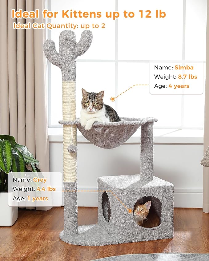 Cactus Cat Tree Cat Scratching Post 40" Cat Tower with Large Metal Carpet Hammock, Cat Scratching Post for Indoor Cats with Condo& Dangling Ball, Grey-Mewly Pet