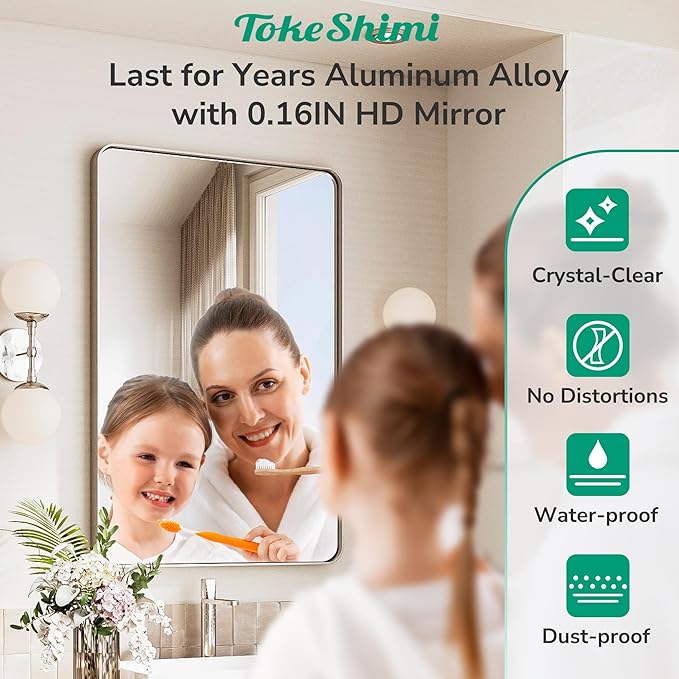 TokeShimi Brushed Nickel Bathroom Mirror 22x30,HD Tempered Glass,Silver Bathroom Vanity Mirror for Over Sink,Aluminum Framed Mirror Wall(Horizontal/Vertical)