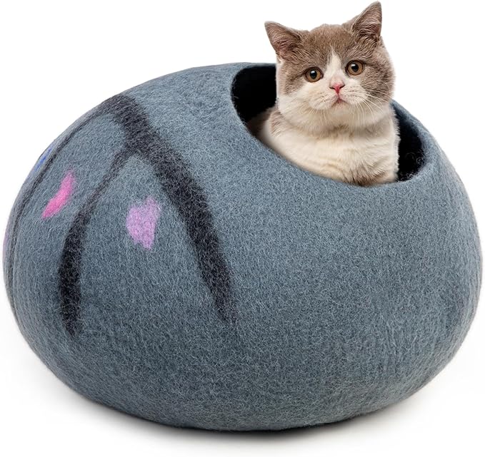 Woolygon Premium Felt Cat Cave Bed – Wool Kitty Beds Handcrafted Kitten Caves Bed for Indoor Cats - Made from 100% Eco-Friendly Merino Wool, Foldable Cat Hidewawy Covered Cat Houses (Enchanted Tree)-Mewly Pet
