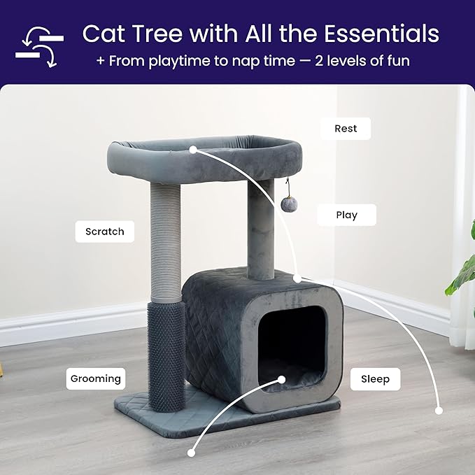 Catry 30" High 3 Level Modern Cat Tree with Large Base Condo,Removable Washable Top Bed, Recycled Paper Scratching Post, Self Grooming Brush, for Small Medium Cat(Dim Gray)-Mewly Pet