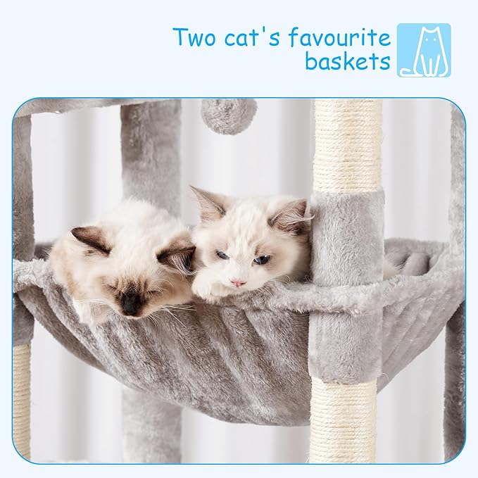 Hey-brother Cat Tree, 69.3-Inches Multi-Level Plush Cat Tower for Indoor Cats with Large Top Perch, Extra Spacious Hammock, 2 Hammocks Ramp, Hanging Ball, Light Gray MPJ037W-Mewly Pet
