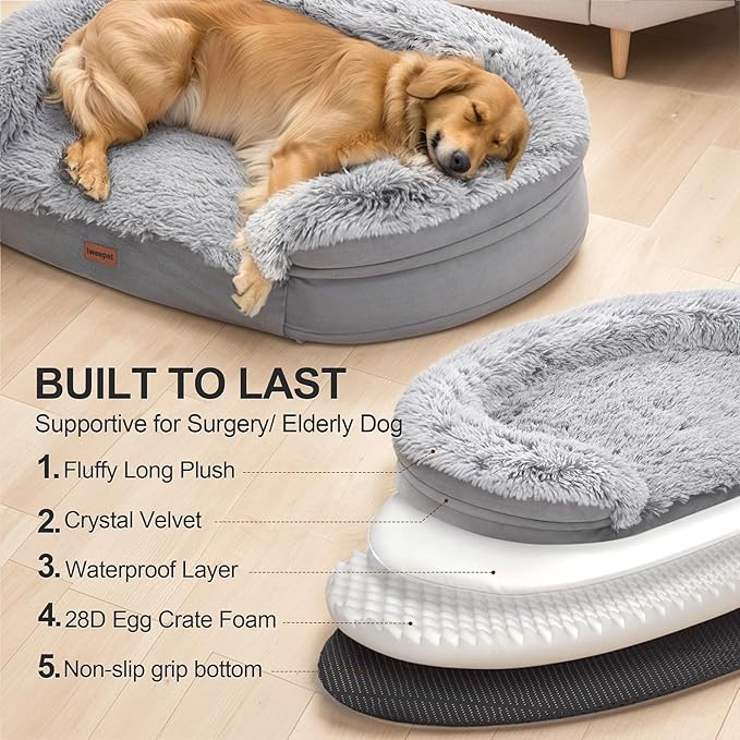 3.7 inch Thickened Orthopedic Dog Beds for Large Dogs, Supportive Dog Sofa Bed with 28D Egg-Crate Foam, Removable Washable Plush Cover, Waterproof Lining, Half-Round Design for Puppy, Senior Dog-Mewly Pet
