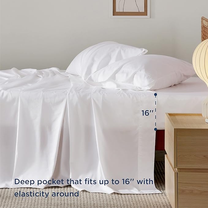 Bedsure Queen Sheet Set, Cooling Sheets for Queen Size Bed Set, Rayon Derived from Bamboo, Breathable & Soft, Deep Pocket Up to 16 Inches, Hotel Luxury Silky Bedding for Hot Sleepers, White