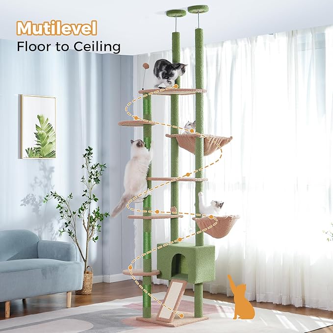 Floor to Ceiling Cat Tree Tall Cat Tower with Adjustable Height (81.8-108 Inches) with Fully Scratching Post Private Condo and Hammock for Indoor Cats (Green, Triple Dule Posts)-Mewly Pet