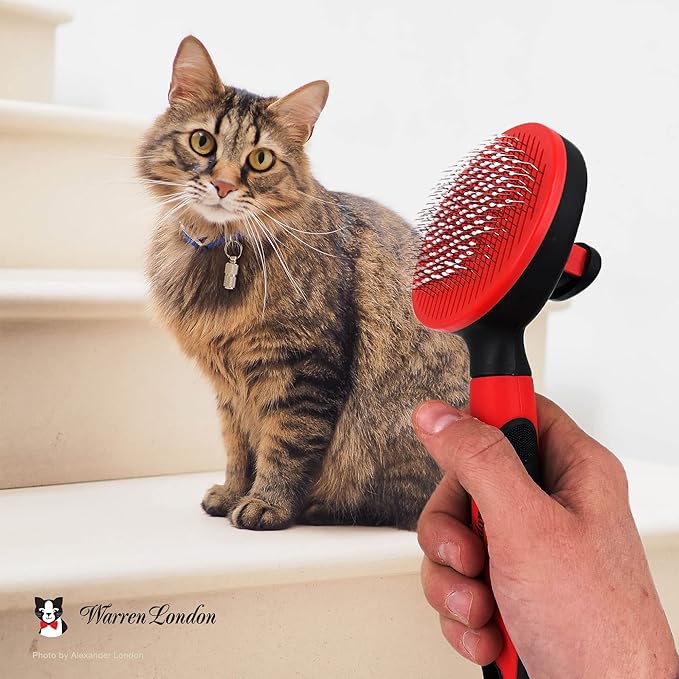 Warren London Self-Cleaning Cat Pin Brush | Push-Button Fur Ejector, Bead-Tipped Nylon Pins – Gentle Shedding & Detangling for Cats, Kittens, Rabbits, Ferrets & Small Dogs | Ergonomic Anti-Slip Grip-Mewly Pet