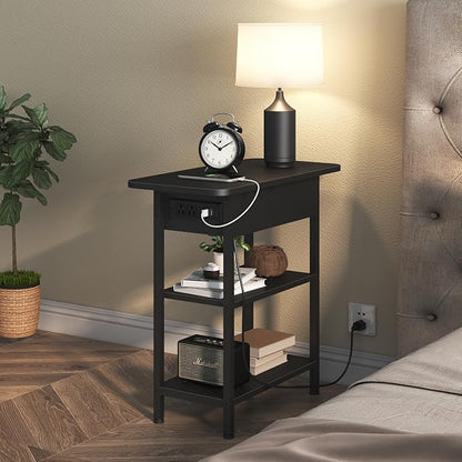 LIDYUK End Table with Charging Station, Flip Top Side Table with USB Ports and Outlets, Nightstand for Small Spaces, Bedside Tables with Storage Shelf for Living Room, Bedroom, Black