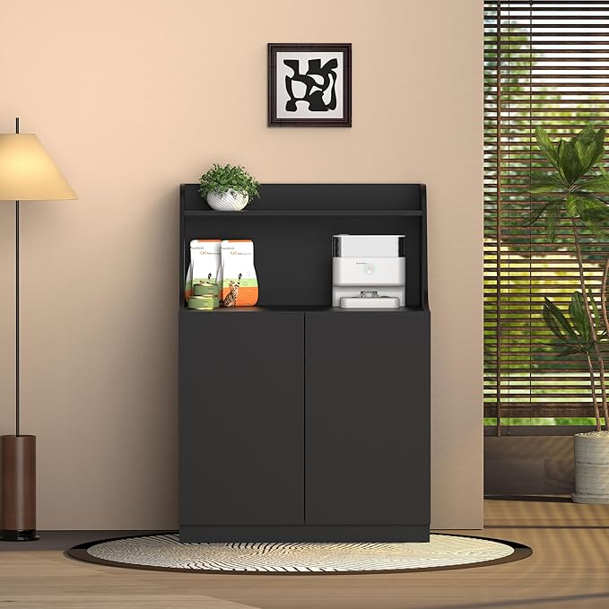 Large/Tall Litter Box Enclosure, Modern Wooden Litter Box Furniture for XL Litterbox with Open Shelf as Sideboard Cabinet (Black)-Mewly Pet