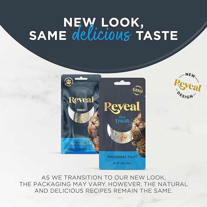 Reveal Natural Whole Protein Fillet Cat Treats, Single Ingredient, Grain Free, High Protein Treats for Cats, for Training, Treating, or Snacking, Whole Mackerel Loin (12 x 1.06 oz Loin)-Mewly Pet