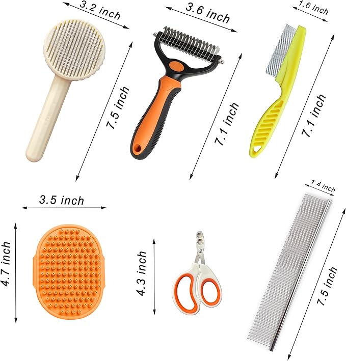 Cat Grooming Brush Kit 6 Tools - Deshedding & Dematting for Long/Short Hair, Self-Cleaning Slicker Brush with 6-in-1 Flea Comb for Cats & Kittens (Orange)-Mewly Pet
