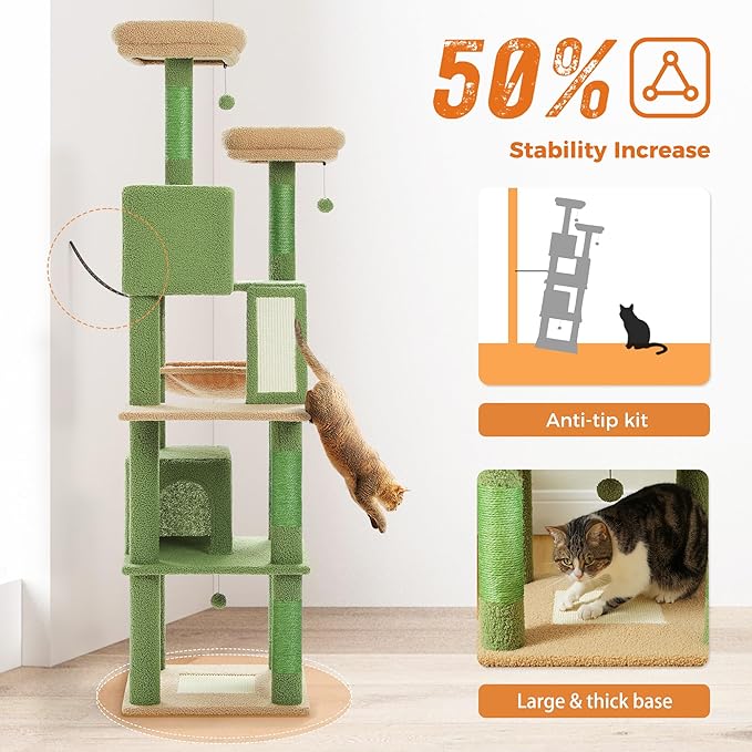 PAWZ Road 70 Inch Cat Tower, Cactus Cat Tree with 2 Cozy Condos, 2 Plush Perch, Large Basket, 2 Scraching Pad & 6 Scraching Posts for Indoor Cats Large Adult-Mewly Pet