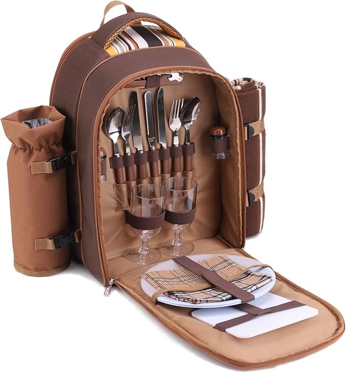apollo walker Picnic Backpack Bag for 2 Person with Cooler Compartment, Detachable Bottle/Wine Holder, Fleece Blanket, Plates and Cutlery(2 Person, Brown)-Mewly Pet