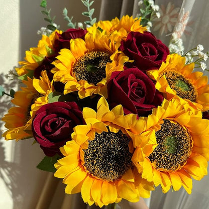24PCS Fake Rustic Combination Flowers Artificial Fall Decor Long Single Stem Flower Include Sunflowers Babys Breath Burgundy Roses and Green Eucalyptus Stems for Wedding Home Party Decor