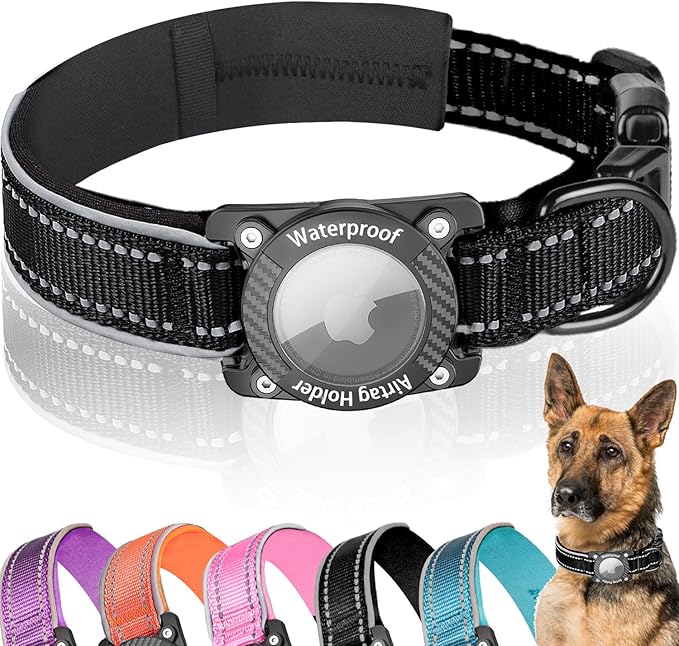 Upgraded AirTag Dog Collar, IP68 Waterproof Dog Collar with Apple Air Tag Holder, Reflective Adjustable Heavy Duty Dog Collars with Soft Padded for Small, Medium and Large Dogs,Black, M-Mewly Pet
