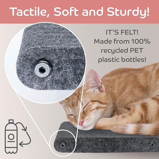 Wall Mounted Cat Steps Short Shelves (2) by Pryde Pets - Stairs for Walkways, 100% Sustainable PET Felt Feline Enrichment Climber Furniture for Indoor Cats, Modern Climbing Gym Design (Charcoal)-Mewly Pet