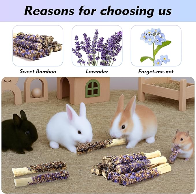 Abizoo Sweet Bamboo Rabbit Chew Sticks Treats and Toys 8Pcs Natural Hay with Forget-Me-Not Lavender for Bunny Guinea Pig Chinchilla Dental Care-Mewly Pet