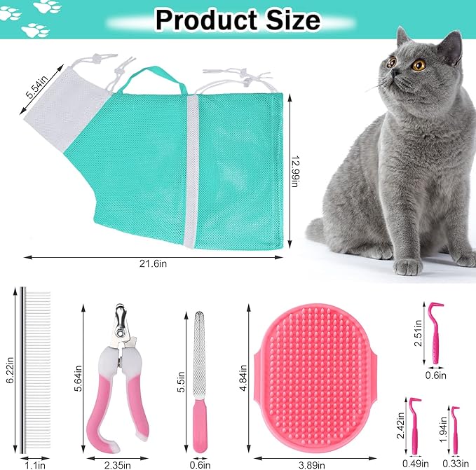 JULMELON Cat Washing Bag 10 PCS Set, Adjustable Cat Shower Net Bag and Pet Grooming Brush with Nail Clipper Nail File Hair Combs Tick Tool Nail Caps for Bathing Nail Trimming Examination(Pink+Green)-Mewly Pet