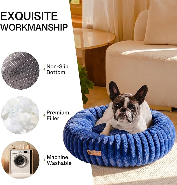 MEWOOFUN Donut Dog Beds for Small Dog, Calming Bed Round Cute Puppy Bed with Non-Slip Bottom, Fluffy Washable Pet Bed for Puppy and Kitten (Navy Blue, S (25x25x7))-Mewly Pet
