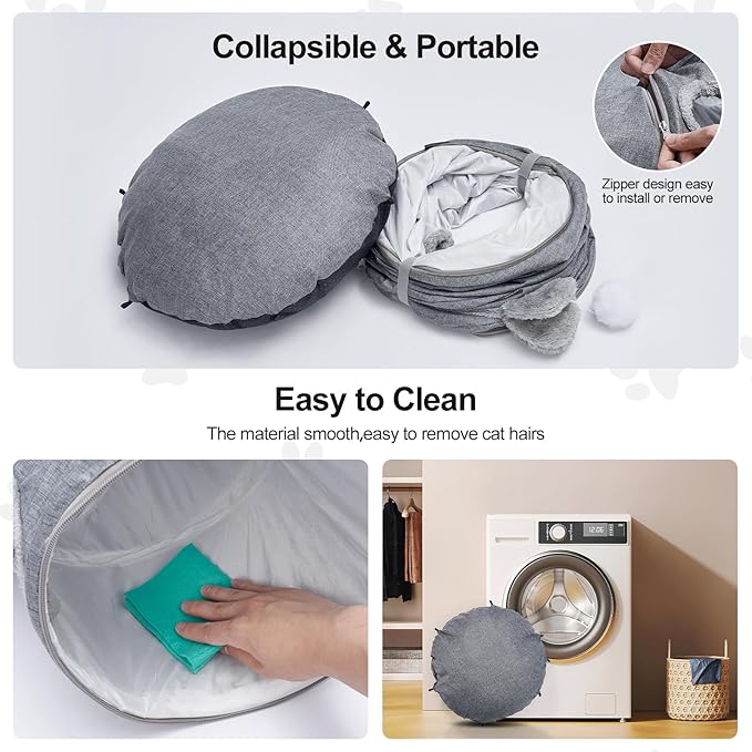 Odoland Summer Linen Cat Tunnels for Indoor Cats with Cooling Central Cat Bed, Interactive Cat Toys Detachable Soft Mat and Variety Kitty Toy Set Grey-Mewly Pet