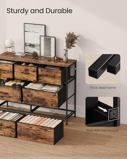 SONGMICS Dresser for Bedroom, Chest of Drawers, Steel, MDF, 7 Non-Woven Fabric Drawers, Storage Organizer Unit, Closet, Entryway, Rustic Brown and Ink Black ULGS323BH04