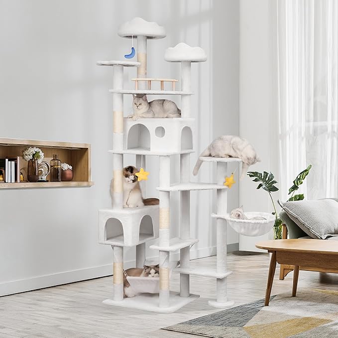 85in Tall Cat Tower for Heavy Duty Big Cats, Large Cat Tree with Scratching Post, Plush Perches, Cozy Cat Condos & Hanging Hammocks for Maine Coon, White-Mewly Pet