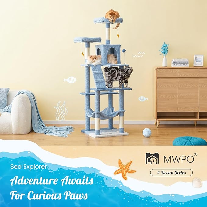 MWPO Ocean-Themed Cat Tree, 70.1-Inch Multi-Level Tall Tower for Indoor Cats, Plush Cat Condo with Big Padded Perches, Sisal-Covered Scratching Posts, Hammock, Toys for Kittens, Blue-Mewly Pet