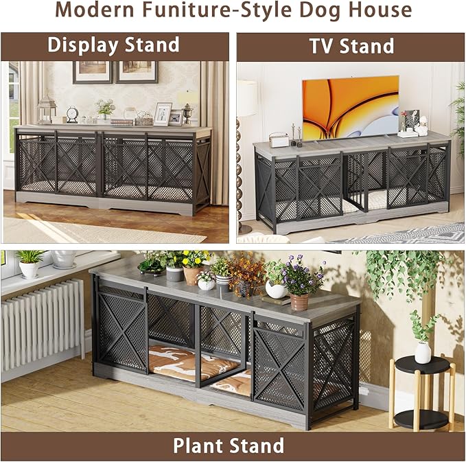 COZPAW 78 Inch Double Dog Crate Furniture, Extra Large Dog Kennel Indoor for Medium Large 2 Dogs, Heavy Duty Dog Cage Chew-Resistant Steel and Wooden Pet House with Removable Divider (Grey)-Mewly Pet