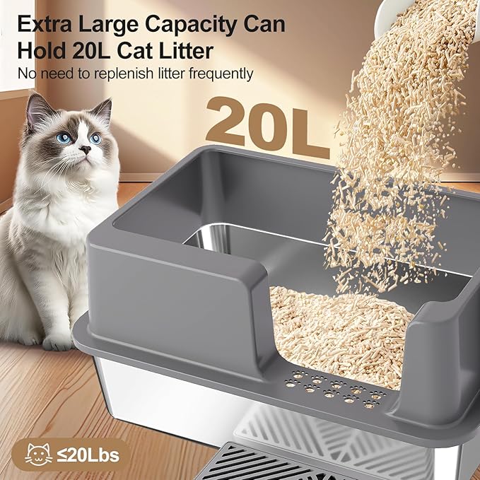 Sousia Stainless Steel Litter Box - Cat Litter Box Enclosure with Lid, High Side Large Cat Litter Tray Easy Cleaning Anti-Leakage with Litter Scoop and High Wall Sides Enclosure for Big Cats-Mewly Pet