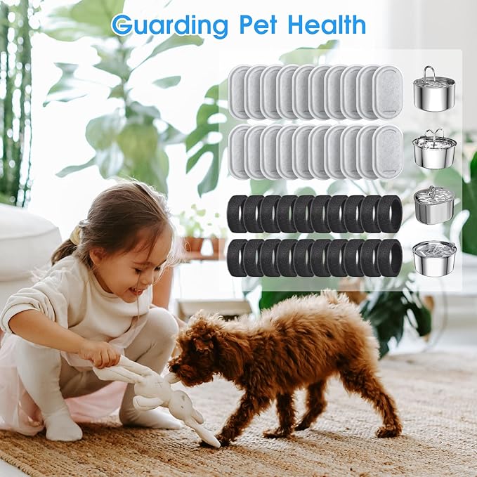 40 Pack Cat Water Fountain Filters-Cat Fountain Replacement Filters for Stainless Steel 108/3.2L& 67oz/2L Adjustable Water Flow Pet Water Fountain(20 Pack Pet Water Filter Refills+20 Pack Sponges)-Mewly Pet