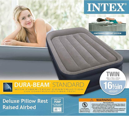 Intex Dura-Beam Standard Series Deluxe Pillow Rest Raised Airbed w/ Soft Flocked Top for Comfort, Built-in Pillow & Electric Pump, Bed Height 16.5", Twin