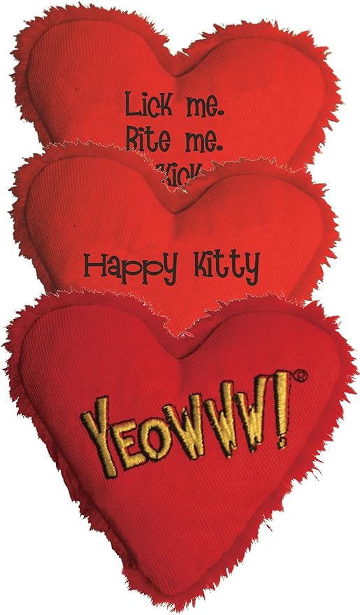 Yeowww! Heart Attack Pack: 3X 100% Organic Catnip Heart Cat Toys, Each with a Different Phrase-Mewly Pet