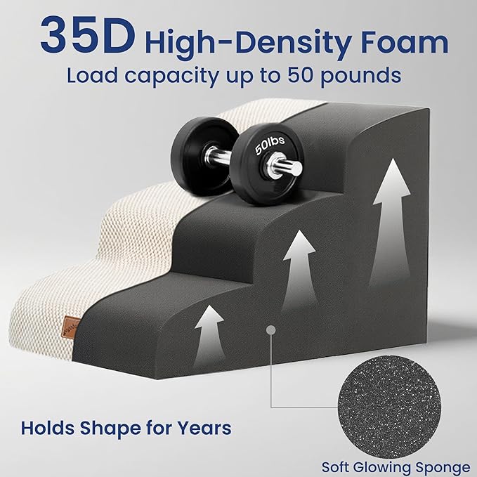 GoGoBunny Ramp Dog Stairs for Couch Sofa and Chair 15.7" H, 3-Step Pet Steps for Small Dogs and Cats, Non-Slip Waterproof Fabric Cover, Stable and Balanced Indoor Step, Pets Friendly, Beige-Mewly Pet